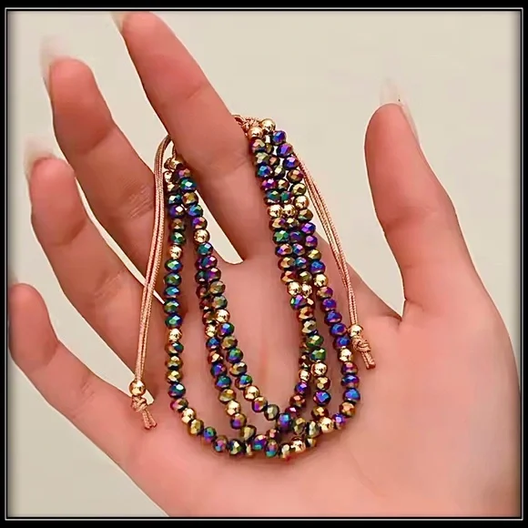 NEW PRISM RAINBOW GOLD BOREALIS METALLIC TIE ROPE BOHO BEAD BRACELET